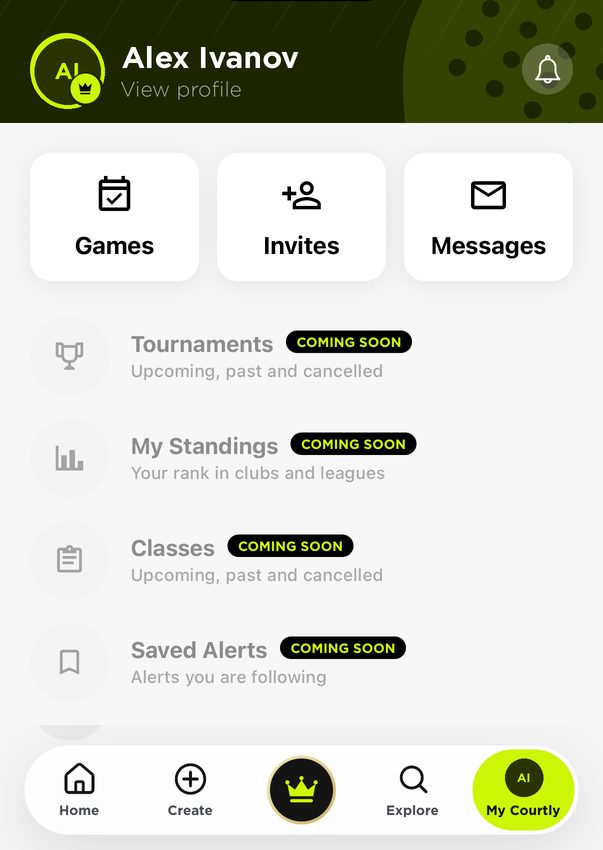 My Courtly profile, games, invitations and messages